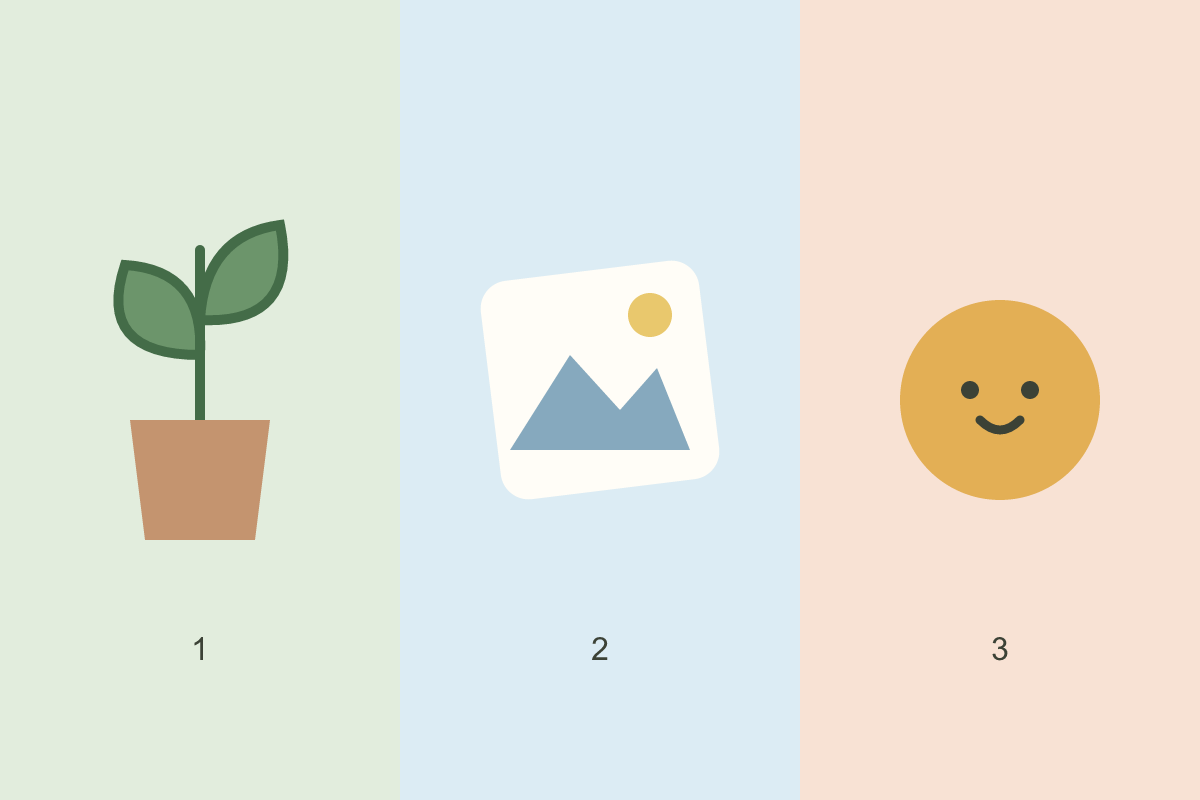 Trois sujets numérotés sur des panneaux vert, bleu et pêche : une plante, une image et un cercle souriant.