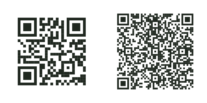 Dos códigos QR: una dirección de página de inicio corta a la izquierda y una dirección de campaña más densa a la derecha.